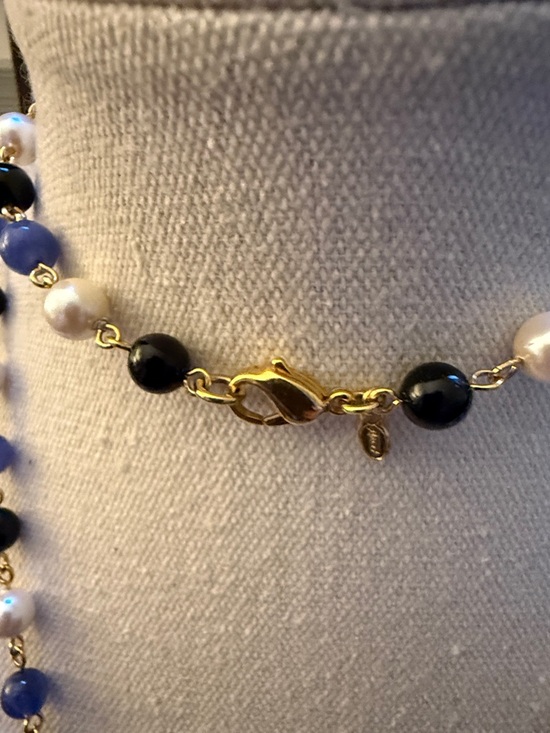 Monet Rare Long Tassel GoldTone Necklace w/Black & Blue Beads plus  Faux Pearls. - Picture 4 of 6